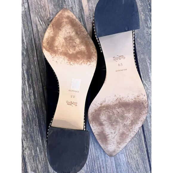 Coach Willa Women 8.5B Black Leather Pointed Toe Block Heel Pumps Gold Bead Logo - Picture 7 of 10